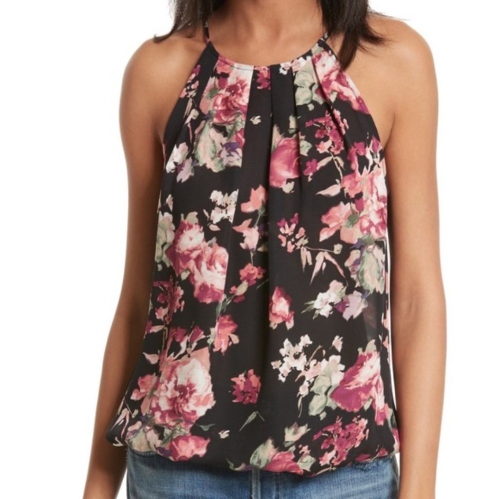 Joie Black Floral Print Silk Anatase Blouse L